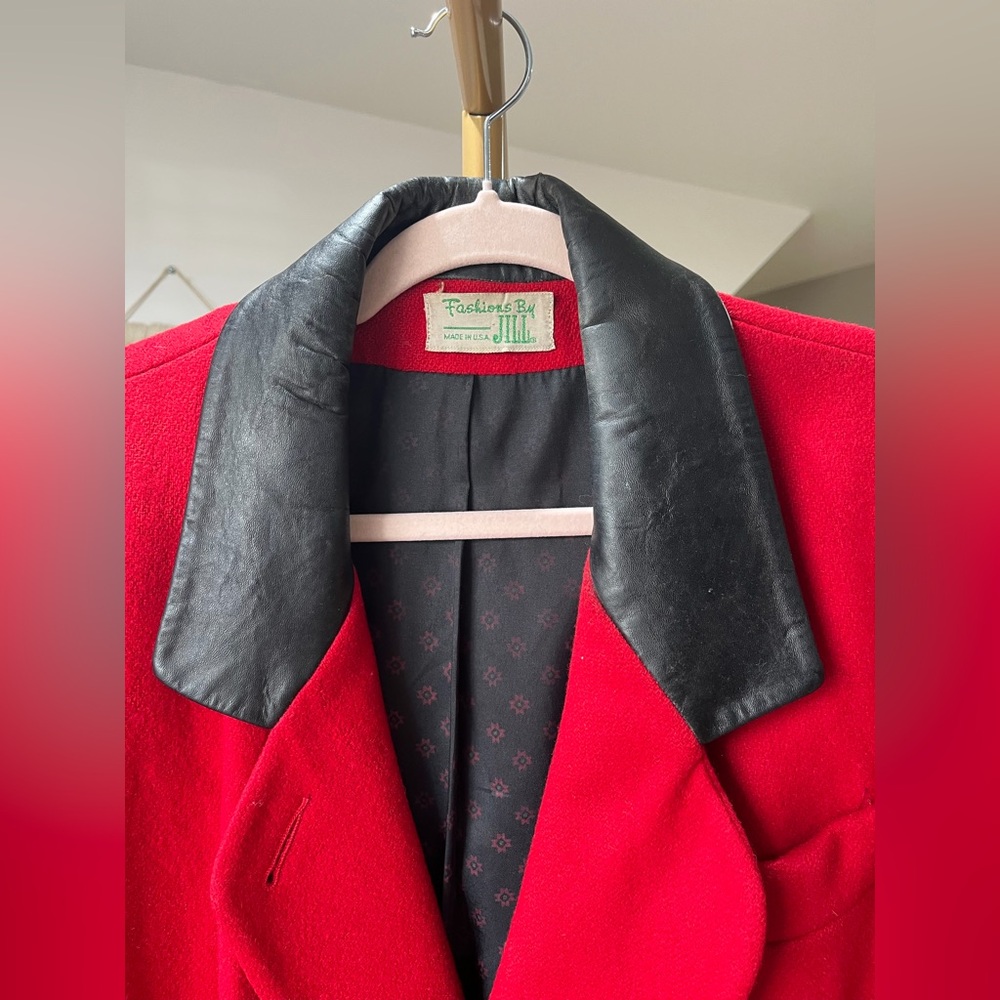 VINTAGE 80s Fashions By Jill Wool Trench Coat. Black leather - Picture 2 of 5